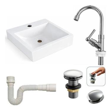 Imagem de Kit Cuba Sobrepor Banheiro Quadrada 30x32 com Torneira, Válvula e Sifã