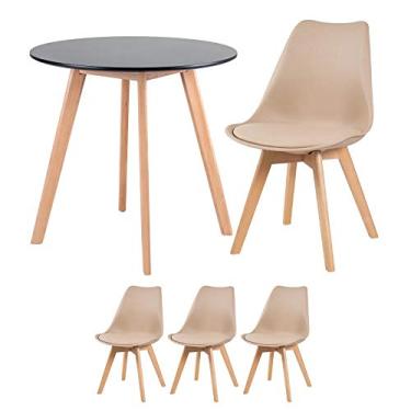 Imagem de Loft7, Mesa de jantar redonda 70 cm preto + 3 cadeiras Leda nude
