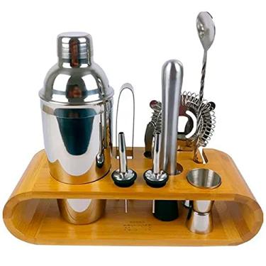 Imagem de Coqueteleira Profissional Com Acessórios em Aço Inox 550ml Kit Barman Base em Madeira - Premium