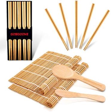 Imagem de Kit de fabricação de sushi premium com 9 peças, tapete de sushi de bambu espesso, incluindo 2 rolos de sushi, 5 pares de hashis reutilizáveis, 1 palma, 1 espátula, kit de sushi, ideal para iniciantes e crianças da GOSGOONE
