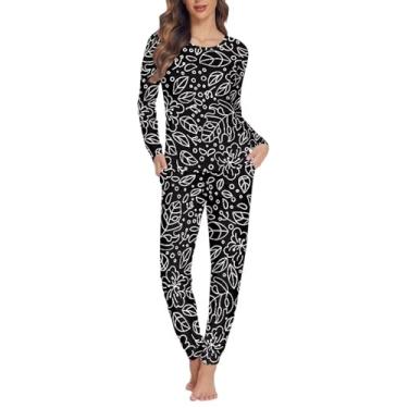 Imagem de Gzzxiailg Conjunto de pijama feminino de manga comprida para dormir, roupa de dormir moderna, confortável, roupa de dormir elegante para casa PP-6GG, Folhas de flores, XXG