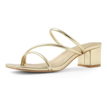 Imagem de Shoe'N Tale Sandálias femininas salto baixo grosso salto bloco quadrado aberto bico aberto slip on mules, Dourado, 35