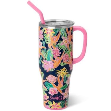 Imagem de Swig Life Mega caneca de 1,134 g, copo de 1,134 g com alça e canudo, adequado para copo, seguro para lava-louças, copo isolado extragrande, aço inoxidável (Jungle Gym)