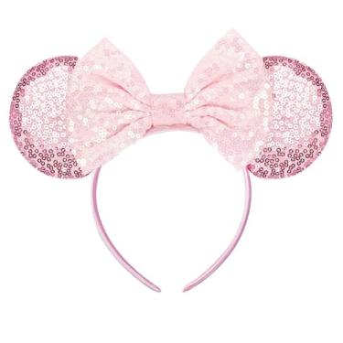 Imagem de Eisyaa Minnie Ears Headbands, orelhas de rato de lantejoulas com laço rosa glitter festa decoração princesa fantasia cosplay