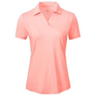 Imagem de BGOWATU Camisa polo feminina de golfe de manga curta com gola V, gola V, proteção UV, ajuste seco, rosa, GG