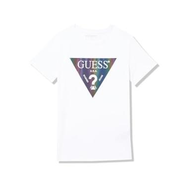 Imagem de GUESS Camiseta masculina com logotipo iridescente de algodão orgânico, Branco verdadeiro, 14 Anos