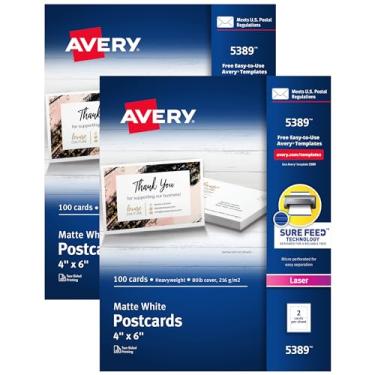 Imagem de Avery Cartões postais imprimíveis com tecnologia Sure Feed, 10 x 15 cm, branco, 2 pacotes, 100 cartões por pacote, 200 cartões postais em branco para impressoras a laser no total (15389)
