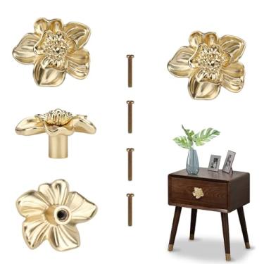 Imagem de Puxador de armário em forma de flor puxadores de cozinha pétalas elegantes puxadores de gaveta de cômoda para móveis mesa de cabeceira estante armário gaveta puxador de orifício único 4 peças (ouro)