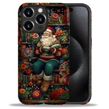 Imagem de DAIZAG Capa compatível com iPhone 15 Pro Max, Papai Noel está sentado na estante de livros, plástico macio TPU, capa rígida híbrida + capa de proteção de silicone para iPhone 15 Pro Max