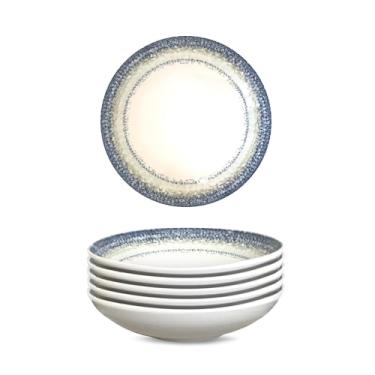 Imagem de Gusto Buono Pratos de sopa de porcelana de 21 cm – Conjunto de 6 | Efeito pérola com design azul | Seguro para lava-louças e micro-ondas | Ideal para refeições internas e externas | Perfeito para uso