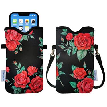 Imagem de Tainada Bolsa feminina de neoprene para celular com alça transversal/cordão de pescoço para iPhone 16/15/14 Pro Max, 16/15/14 Plus, Samsung S24+, S23, A54, Z Fold5, Google Pixel 9 (vermelho rosa preto