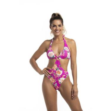 Imagem de Maiô Argola Estampado - Cor de Cacau, G, Rosas pink power
