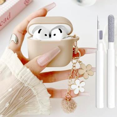 Imagem de Linda capa para Airpods 4 para meninas e mulheres com berloques de flores pompom, chaveiro e kit de limpeza, iPods macios 4 Airpods de silicone para iPod 4ª geração capa protetora para Airpod 4 2024