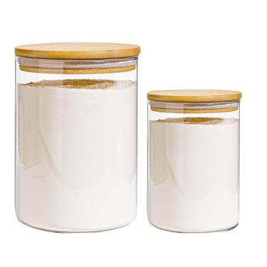 Imagem de COBKSXUEP 2Pcs Recipiente de Armazenamento de Vidro com Tampa Hermética Cozinha Transparente Farinha Açúcar Pote de Armazenamento Grandes Recipientes de Vidro com Tampas de Bambu A,Grande E 1 Pequeno
