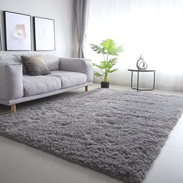 Imagem de Tapete cinza para quarto 3x5: tapetes felpudos para sala de estar, quarto, tapetes cinzentos antiderrapantes para quarto de bebê, tapetes peludos para decoração de berçário, tapetes de chão para