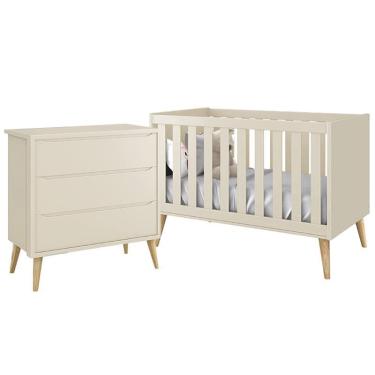 Imagem de Jogo de Quarto Infantil Theo Cômoda 3 Gavetas e Berço com Pés Madeira Natural - Reller Móveis Areia Fosco