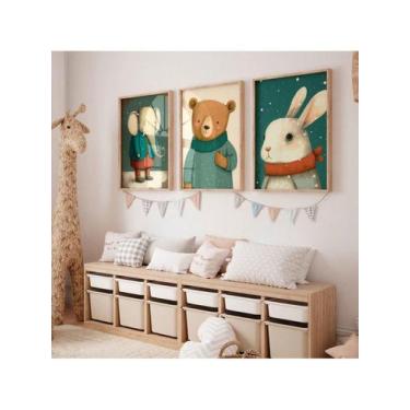 Imagem de Kit de 3 Quadros Decorativos Animais Infantil Quarto de Bebê Elefante 