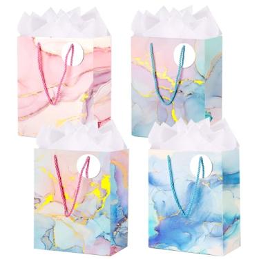 Imagem de ZJHiome Sacos de presente de tamanho médio, pacote com 4, saco de papel de mármore de 23 cm com papel de seda para compras, negócios, aniversário, casamento, chá de bebê, festa de Natal (mármore)