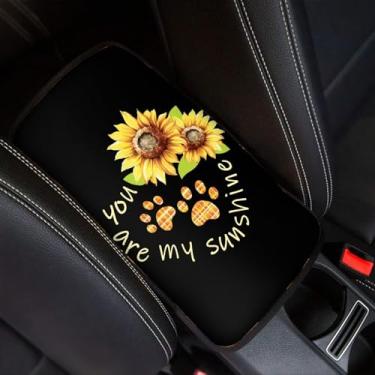 Imagem de UNICEU Capa de console central de carro Sunflower Dog Paw para a maioria dos veículos, caminhões, SUV, fácil de instalar, apoio de braço, caixa de armazenamento, tapete à prova de poeira, à prova de
