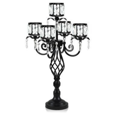 Imagem de Suporte de castiçal de cristal com 58,9 cm de altura, elegante e chique, pingente de 5 braços, decoração de mesa, candelabro para lindos casamentos/festas de mesa (1, preto)