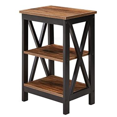 Imagem de Mesa de cabeceira inteligente, armário de cabeceira com gavetas, mesa de cabeceira industrial com prateleira de armazenamento aberta, mesa de centro lateral de madeira de 3 camadas para varanda