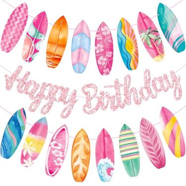 Imagem de Prancha de surfe, faixas de feliz aniversário, rosa, brilhante, surfista, artigos de festa de aniversário para meninas, piscina, verão, praia, festa, luau, aniversário, chá de bebê