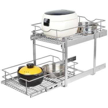 Imagem de LOVKIT Organizador de armário com 2 andares, prateleira deslizante para armário de cozinha, D22 x L36 cm, organizador individual de gaveta deslizante, cesta de armazenamento em vários tamanhos