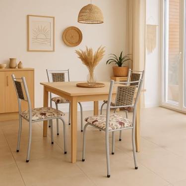 Imagem de Conjunto 4 Cadeiras de Cozinha Belize Sala Jantar em Aço Branco Craquelado Encosto em Fibra Sintética (Bege Floral)