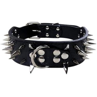 Imagem de Izefia Coleira para cães afiada cravejada luxuosa e acolchoada coleiras de couro para cães médios e grandes – 5 cm de largura colar antimordida (PP, preto--SV)