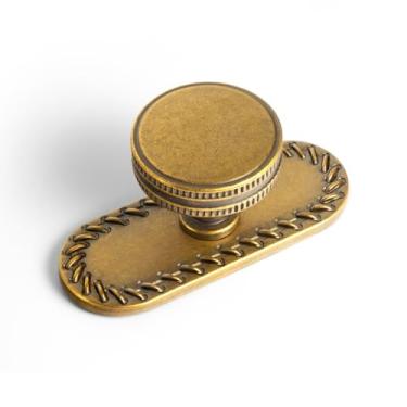 Imagem de Goo-Ki Pacote com 6 puxadores de armário de latão antigo com espaçador de placa traseira, pacote com 6 puxadores de gaveta de latão retrô vintage com placa traseira, ferragens de cozinha de liga de