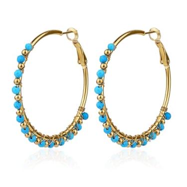Imagem de TaYolnFaSo Brincos de argola com contas pretas e brancas, azuis, brincos de argola grandes, feitos à mão, joia com contas de pedra natural, presente para mulheres, Aço inoxidável, Azul turquesa