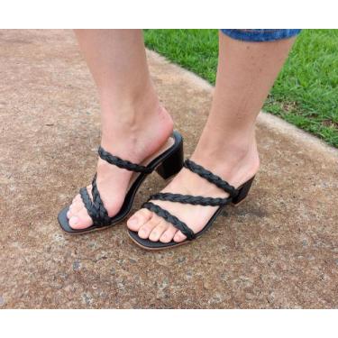 Imagem de Tamanco Feminino Sandália Trança Trancado Salto - Rozes Shoes, Preto, 