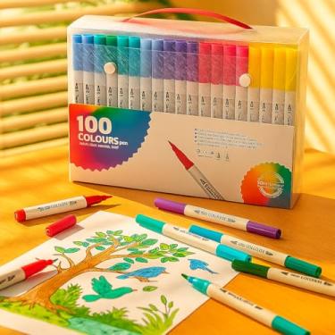 Imagem de Kit de 100 canetinhas ponta Dupla - Canetas Brush Pen Double Head – Canetinhas Coloridas para Desenho, Caligrafia, Arte e Lettering – Marcadores Colorir Canetinha para Colorir e Detalhes