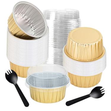 Imagem de 60 peças de mini formas de bolo com tampas, copos redondos de folha de alumínio de 150 ml, mini ramequins descartáveis de 125 ml, muffin de lata, ramequins e brownie, copos de cupcake de sobremesa