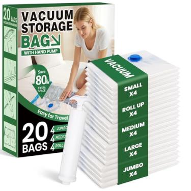 Imagem de Sacos de armazenamento a vácuo, pacote com 20 sacos de vedação a vácuo para roupas, viagens, roupas, edredons, cobertores, travesseiros - 4 jumbos + 4 grandes + 4 médios + 4 pequenos + 4 sacos de