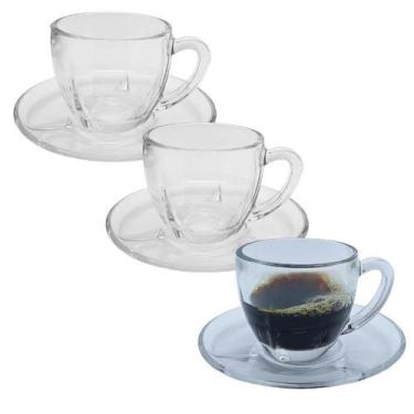 Imagem de Jogo 3 Xicaras Canecas de Vidro Transparente Café Chá Com Pires E Alça