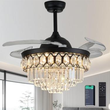 Imagem de Trssdre Ventilador De Teto De Cristal Led Fandelier Preto Regulável De 42" Com Luzes E Controle Remoto Ventilador De Teto Com Lâmina Retrátil Moderno Para Quarto, Sala De Jantar, Sala De Estar