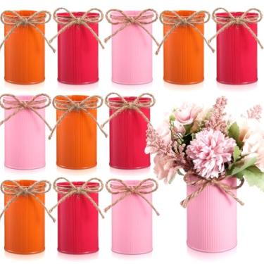 Imagem de Domensi Vaso de fazenda de 11 cm de altura para decoração de vaso de flores vintage com laço de barbante baldes rústicos de metal galvanizado para flores artificiais para mesa de centro de mesa