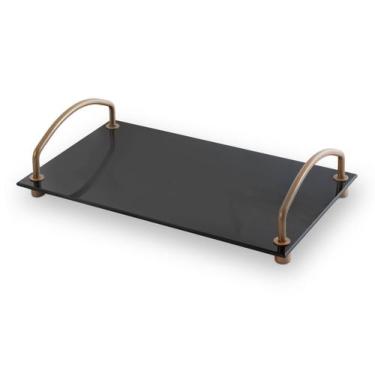 Imagem de Bandeja de Bancada Preta Lavabo Decorativa 25cm Vidro Forma, Dourado