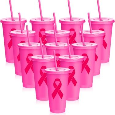 Imagem de LemonRoad Conjunto de 12 copos de plástico para conscientização do câncer de mama com tampas planas e canudos 680 g copos de plástico reutilizáveis com fita inspiradora rosa copos de água potável