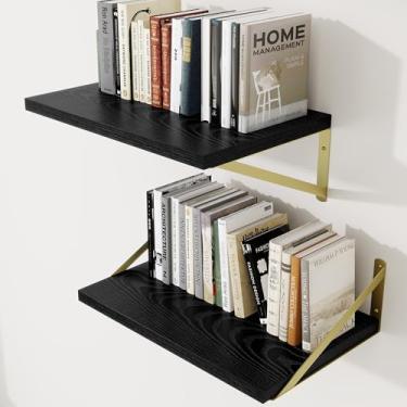 Imagem de Prateleiras de parede profundas 40,6 cm L x 30,5 cm P Prateleiras flutuantes de madeira projetada para parede, suporte de metal resistente (ouro) Estantes de livros para decoração de casa para sala de