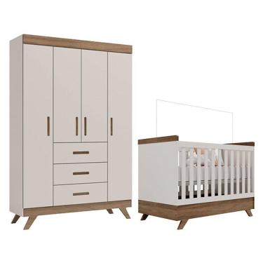 Imagem de Berço Americano Vitória e Guarda Roupa Infantil Retrô Maya Off White Carvalho – Carolina