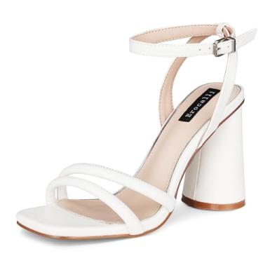 Imagem de Erocalli Salto feminino com tiras pretas bico quadrado aberto confortável tira no tornozelo sandálias de festa salto bloco vestido, Branco, 38