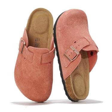 Imagem de Project Cloud Tamancos femininos de couro genuíno - Pantufas femininas com suporte de arco de espuma viscoelástica - Sandálias femininas modernas sem cadarço (Benton), Camurça coral, 38