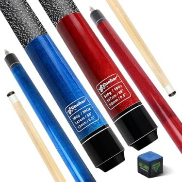 Imagem de CUEBAR Conjunto de 2 tacos de sinuca de 147 cm, 2 peças para adultos, tacos de bilhar de madeira de bordo para bar doméstico, ponta de 13 mm, envoltório de linho sintético - vermelho + azul