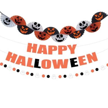 Imagem de Decoração de festa laranja preta fofa assustadora faixa de papel para pendurar guirlanda fantasma decoração para doces ou travessuras festa de Halloween crianças decoração de aniversário de Halloween