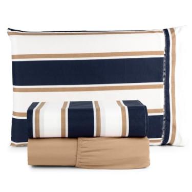 Imagem de LençOl Casal Com Elastico Conjunto De Roupa De Cama,Jogo De LençOl 100% AlgodãO Ponto Palito Estampado 1.98 * 1.58cm (LISTRADO AZUL MARINHO)