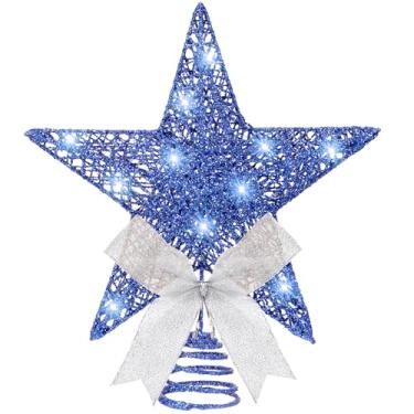 Imagem de Sumind Enfeite de árvore de Natal de 25 cm, enfeite de topo de árvore de estrela brilhante com laço e 30 luzes de LED para decoração de festa de Natal em ambientes internos (azul)