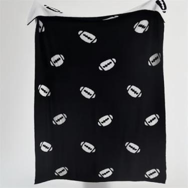 Imagem de Cobertor aconchegante de malha de rugby macio para decoração de casa e presente, cobertor de padrão de futebol para sofá, cama, carro (marrom, 152 x 127 cm) (preto)