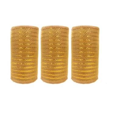 Imagem de JStnana Fita de malha decorativa dourada com 3 rolos, 15 cm x 7 m por rolo, tecido de malha decorativa de serapilheira dourada metálica para outono, árvore de Natal, Dia dos Namorados, Páscoa